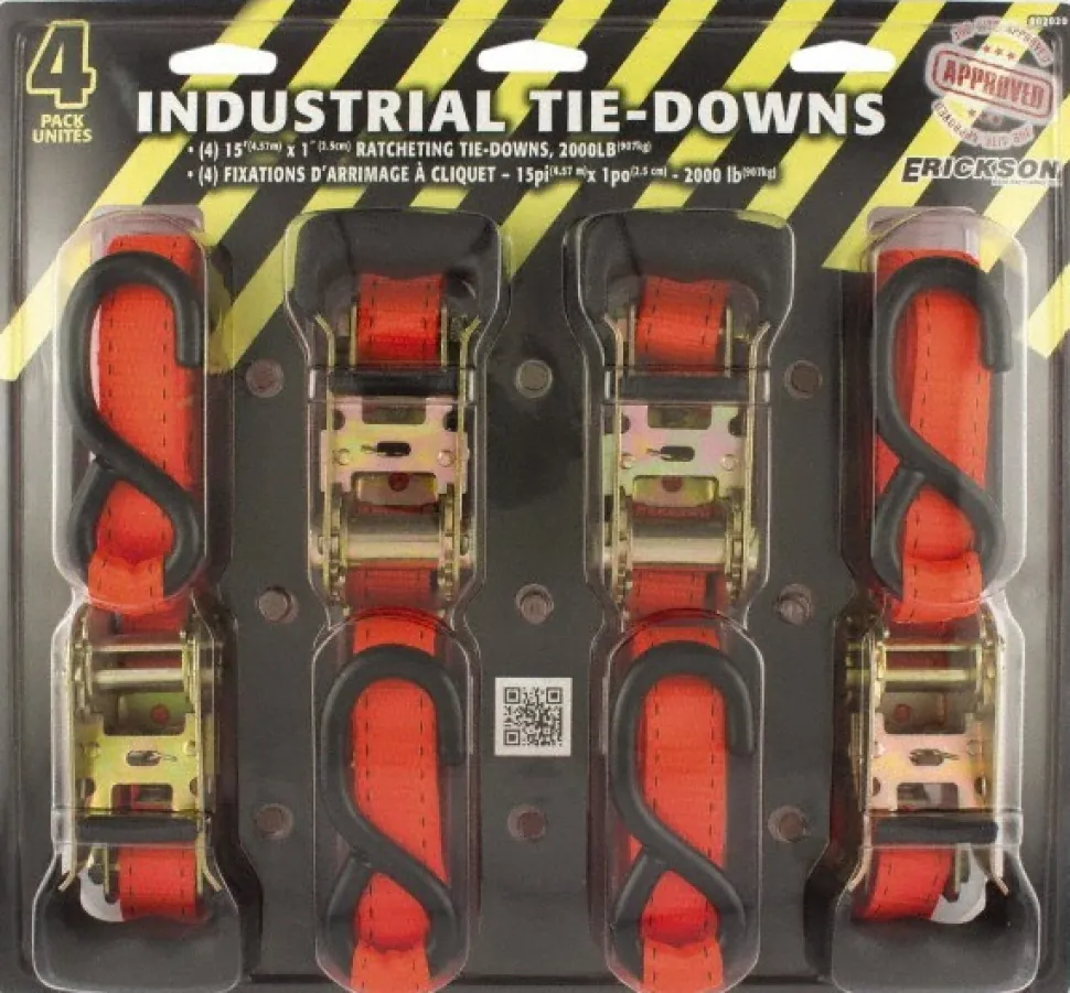 Polyester Ratchet Strap Tie Down: 10' Long, 1" Wide, 2000 lb Breaking Strength, 665.000 lb Load Capacity