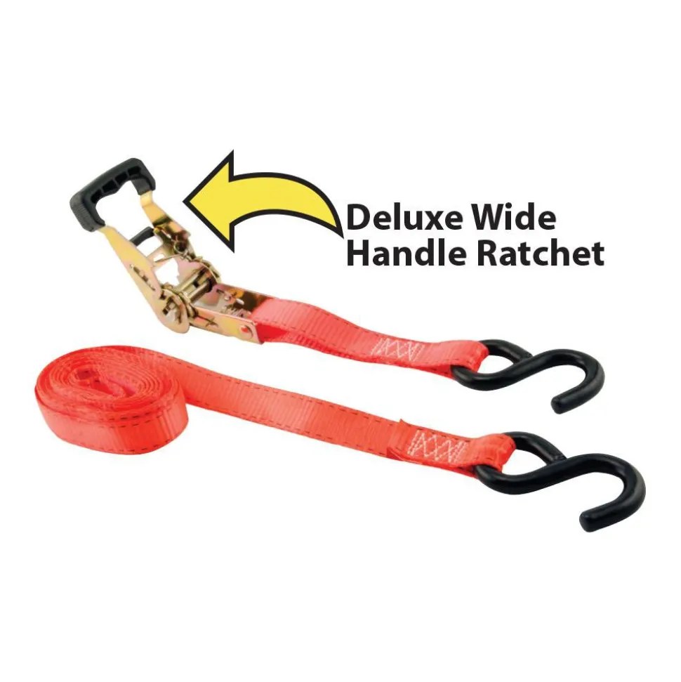Polyester Ratchet Strap Tie Down: 15' Long, 1" Wide, 2000 lb Breaking Strength, 665.000 lb Load Capacity