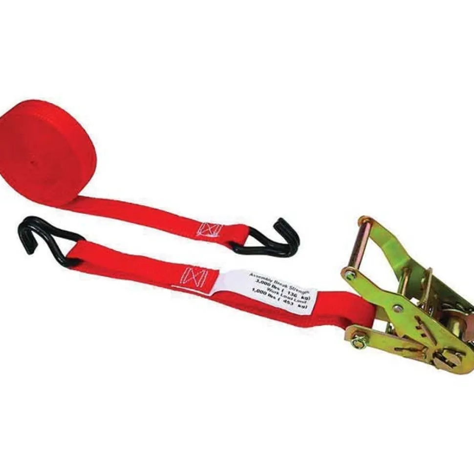 Polyester Ratchet Strap Tie Down: 15' Long, 1" Wide, 3300 lb Breaking Strength, 1100.000 lb Load Capacity