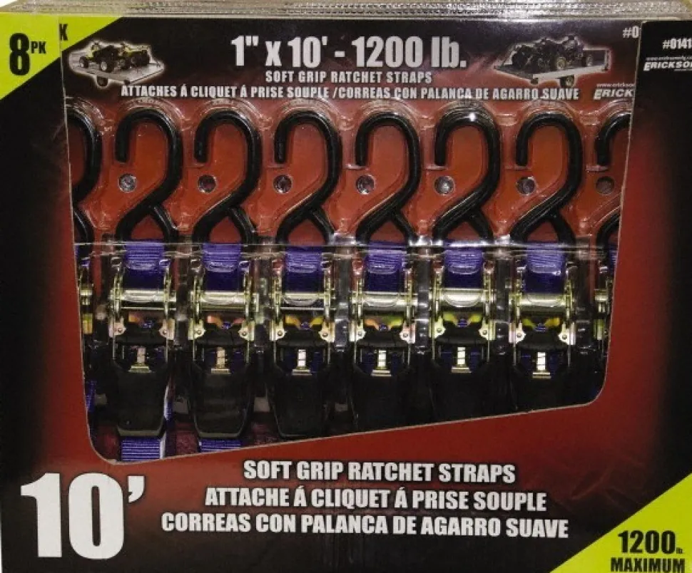 Polyester Ratchet Strap Tie Down: 10' Long, 1" Wide, 1200 lb Breaking Strength, 400.000 lb Load Capacity