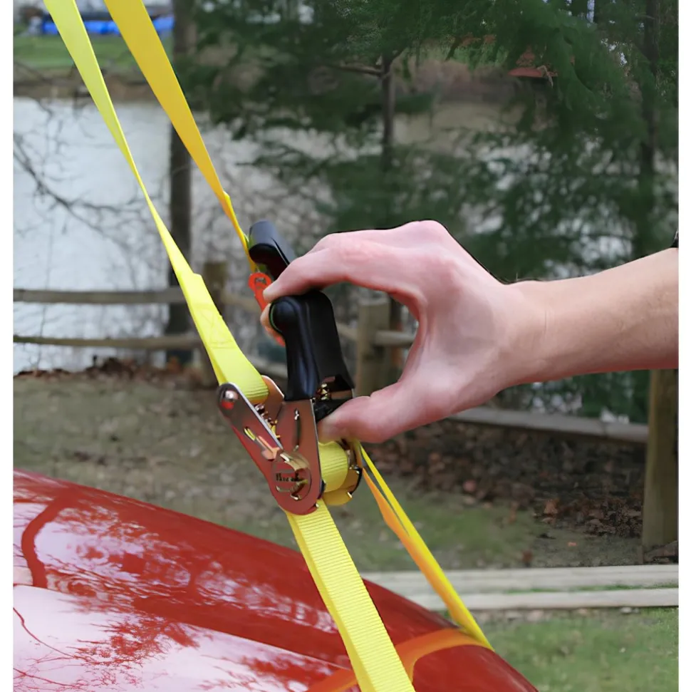 Polyester Ratchet Strap Tie Down: 12' Long, 1" Wide, 1800 lb Breaking Strength, 600.000 lb Load Capacity