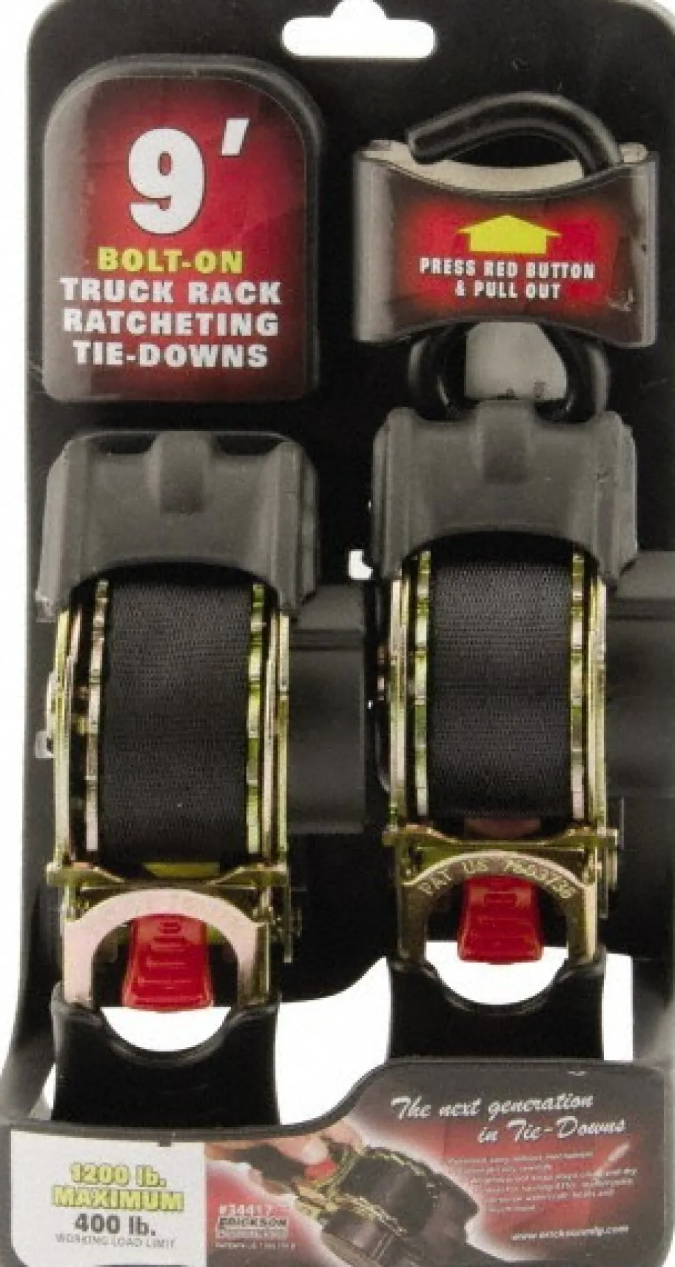 Polyester Retractable Ratchet Tie-Down Tie Down: 9' Long, 1" Wide, 1200 lb Breaking Strength, 400.000 lb Load Capacity