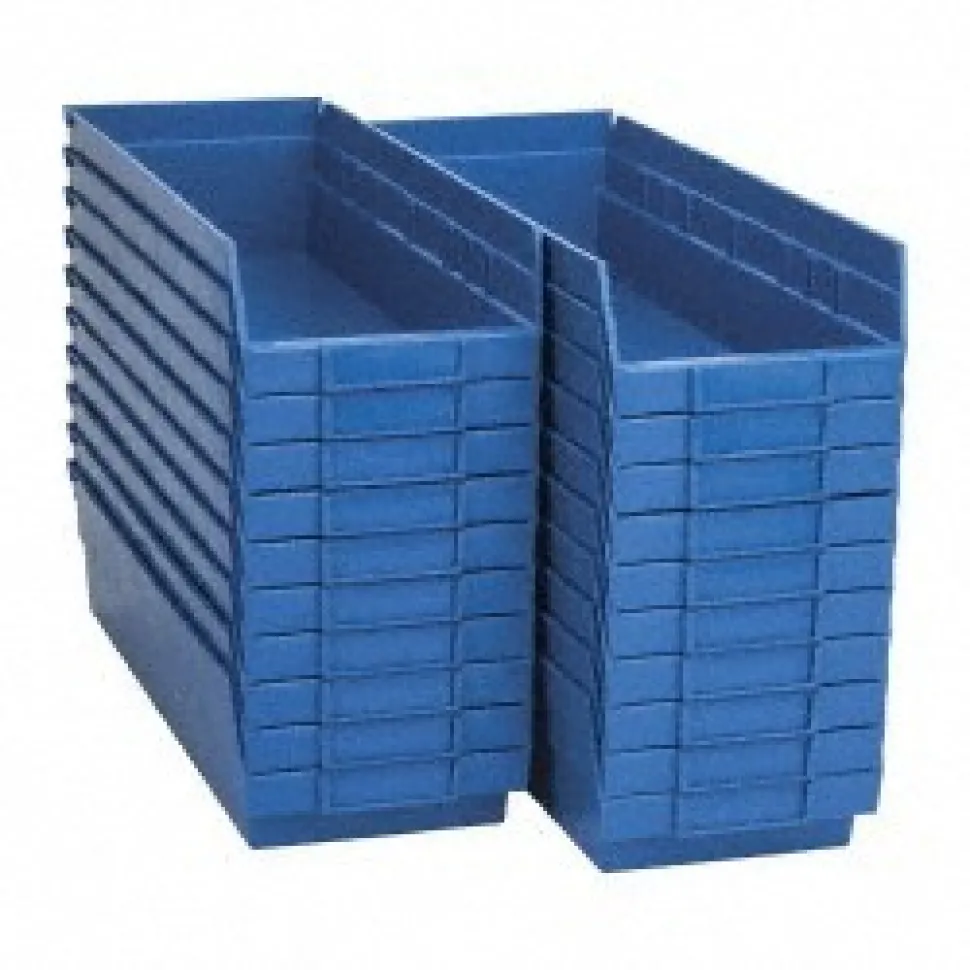 Polypropylene Hopper Shelf Bin: 6-5/8" OAW, 17-7/8" OAL, 4" OAH, Blue