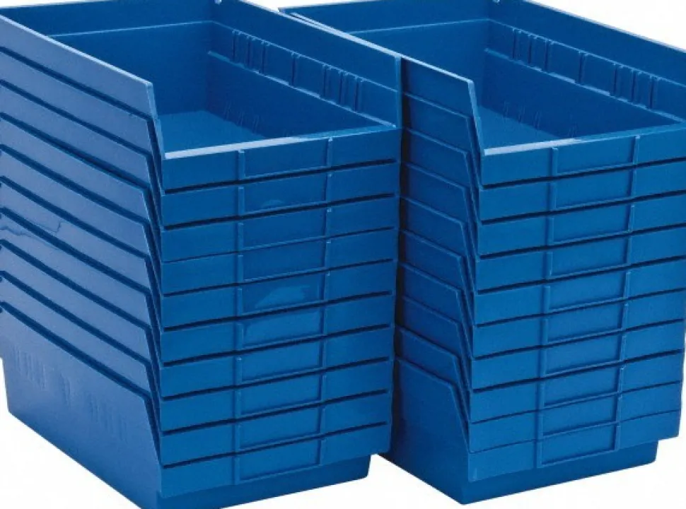 Polypropylene Hopper Shelf Bin: 8-3/8" OAW, 11-5/8" OAL, 4" OAH, Blue