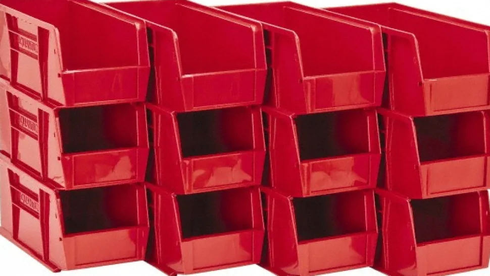Polypropylene Hopper Stacking Bin: 5-1/2" OAW, 10-7/8" OAL, 5" OAH, Red