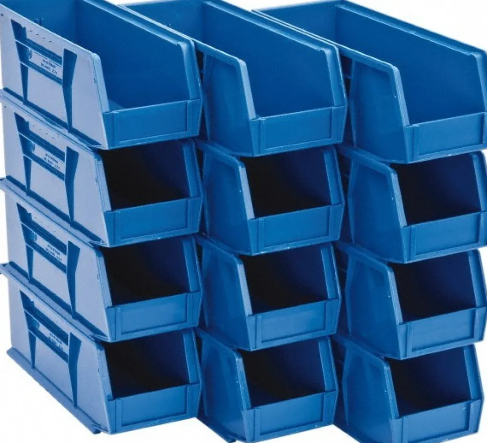 Polypropylene Hopper Stacking Bin: 4-1/8" OAW, 10-7/8" OAL, 4" OAH, Blue