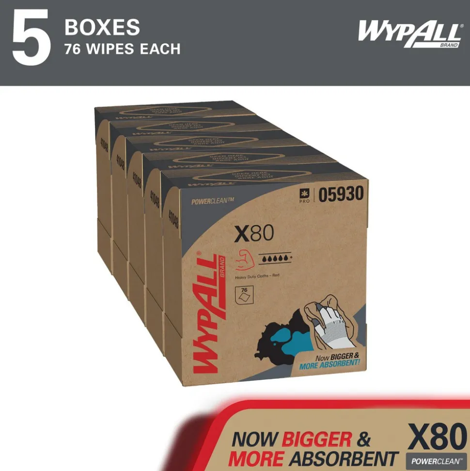 PowerClean™ x80 Heavy Duty Cloths (05930), Pop-Up Box, Extended Use Towels, Red