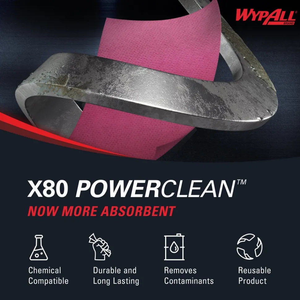 PowerClean™ x80 Heavy Duty Cloths (05930), Pop-Up Box, Extended Use Towels, Red
