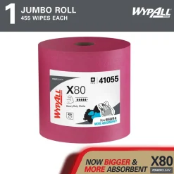 PowerClean™ x80 Heavy Duty Cloths (41055), Jumbo Roll, Extended Use Towels, Red