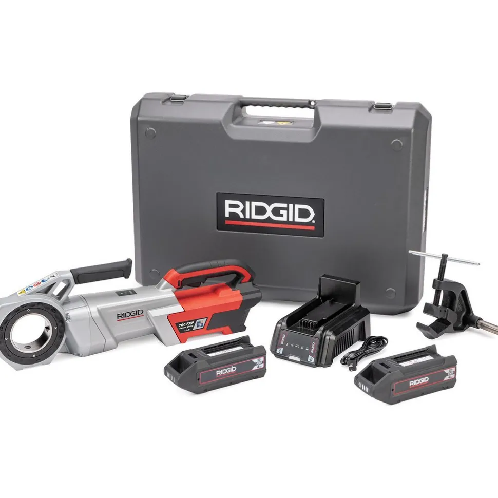 Power Pipe Threaders: Maximum Pipe Capacity: 2 in; For Use With: RIDGID 12R Threading Dies; Voltage: 60.00 V; Includes: 2X 4Ah FXP Batteries, Support Arm, FXP Charger, 760 FXP Power Drive, Case
