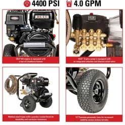 PowerShot Cold Water Pressure Washer, 4400 PSI / 4 GPM, CRX 420 Engine with AAA Triplex Pump, Recoil Start, Gas
