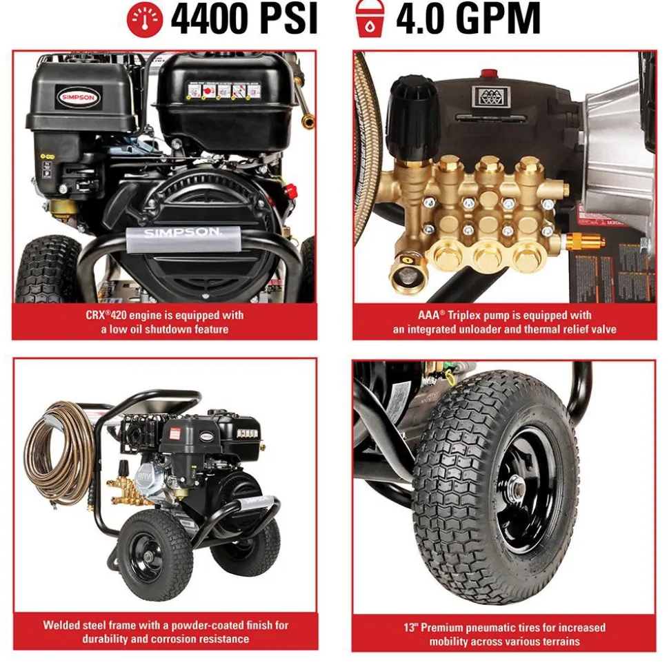PowerShot Cold Water Pressure Washer, 4400 PSI / 4 GPM, CRX 420 Engine with AAA Triplex Pump, Recoil Start, Gas