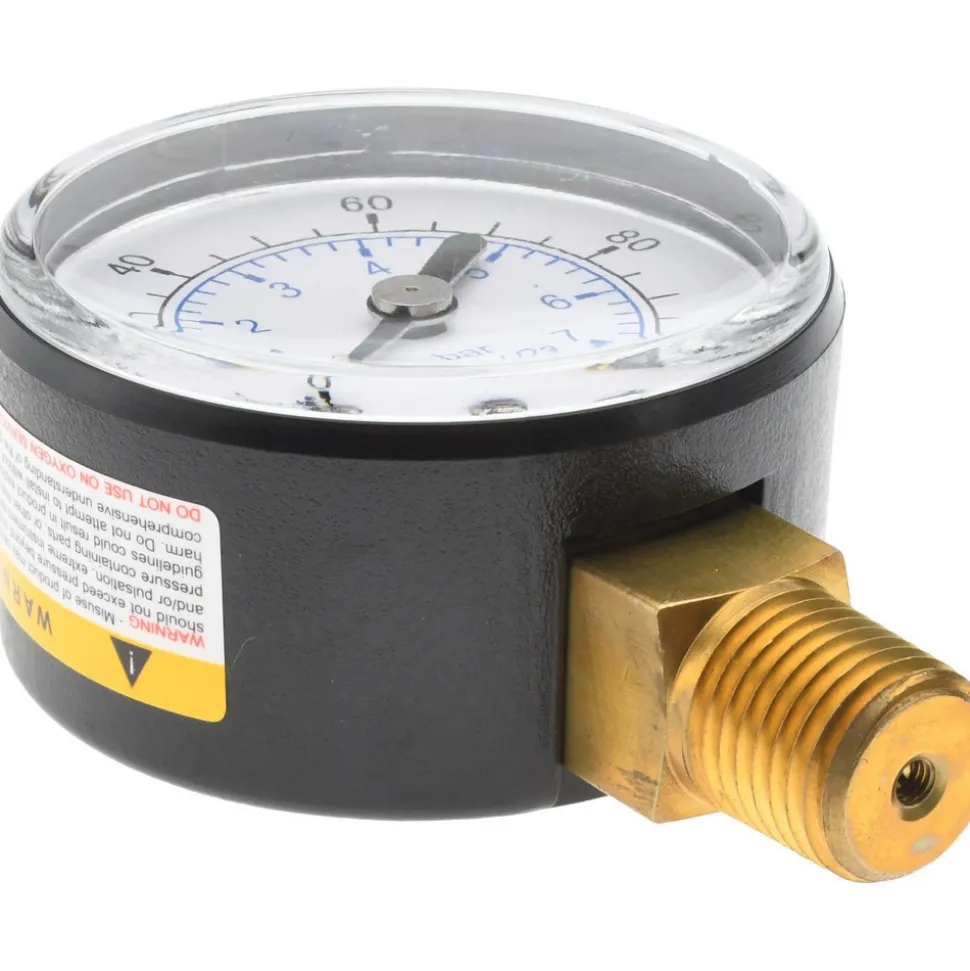 Pressure Gauge: 2" Dial, 100 psi, 1/4" Thread, NPT, Lower Mount