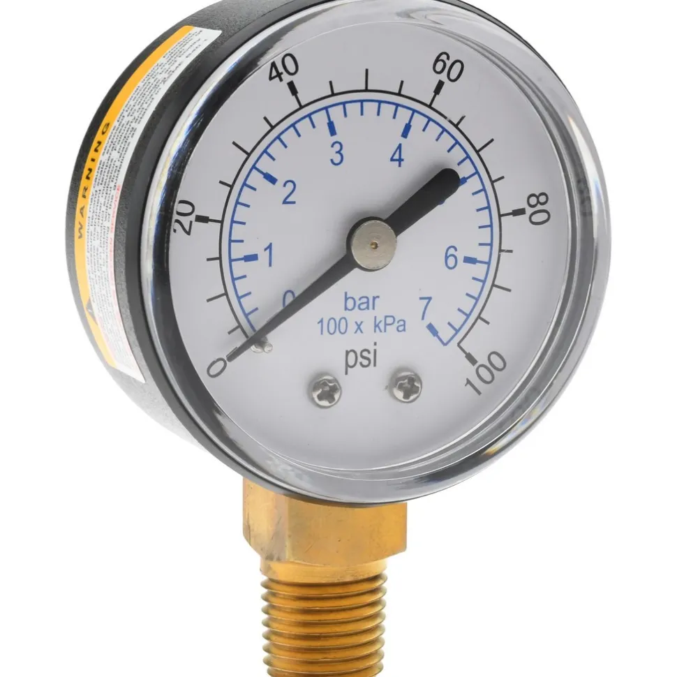 Pressure Gauge: 2" Dial, 100 psi, 1/4" Thread, NPT, Lower Mount