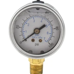 Pressure Gauge: 2" Dial, 100 psi, 1/4" Thread, NPT, Lower Mount