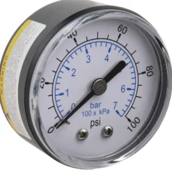 Pressure Gauge: 2" Dial, 100 psi, 1/4" Thread, NPT, Center Back Mount