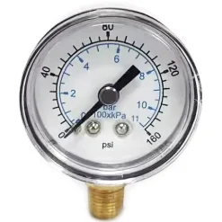 Pressure Gauge: 1-1/2" Dial, 160 psi, 1/8" Thread, NPT, Lower Mount