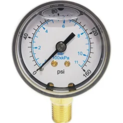 Pressure Gauge: 2" Dial, 160 psi, 1/4" Thread, NPT, Lower Mount