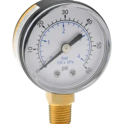 Pressure Gauge: 2" Dial, 60 psi, 1/4" Thread, NPT, Lower Mount