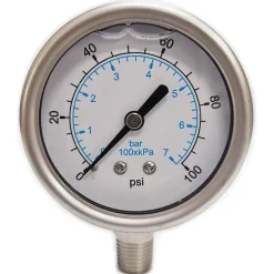 Pressure Gauge: 2-1/2" Dial, 100 psi, 1/4" Thread, NPT, Lower Mount