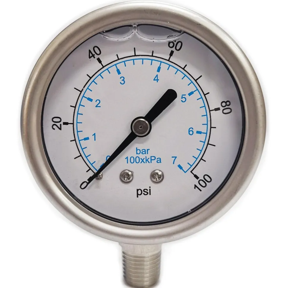Pressure Gauge: 2-1/2" Dial, 100 psi, 1/4" Thread, NPT, Lower Mount