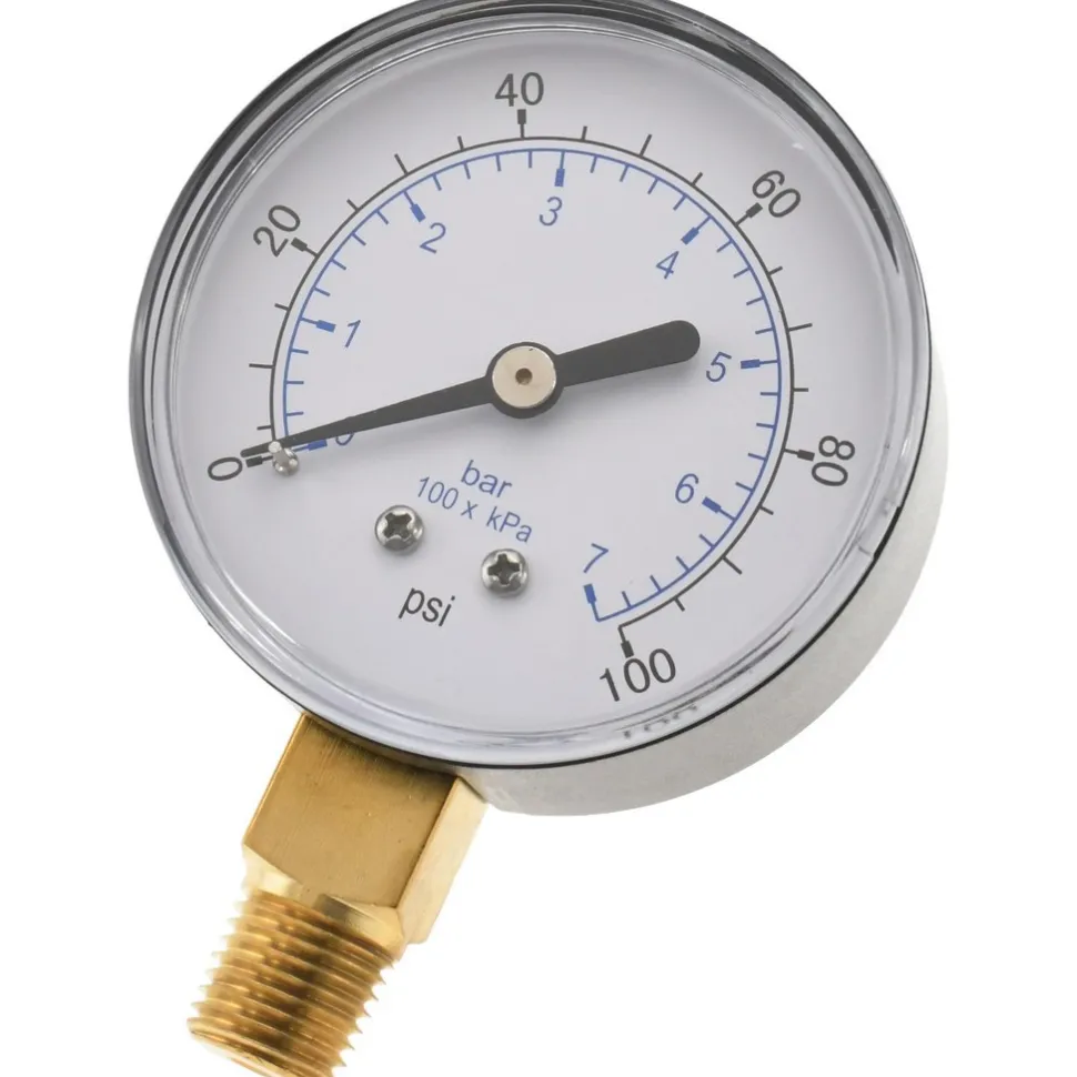Pressure Gauge: 2-1/2" Dial, 100 psi, 1/4" Thread, NPT, Lower Mount