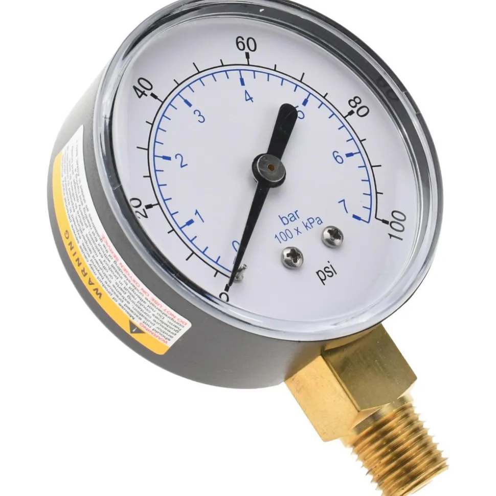 Pressure Gauge: 2-1/2" Dial, 100 psi, 1/4" Thread, NPT, Lower Mount