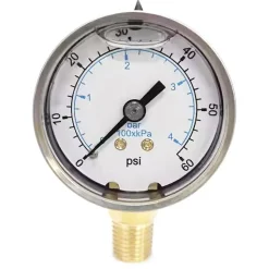 Pressure Gauge: 2" Dial, 60 psi, 1/4" Thread, NPT, Lower Mount