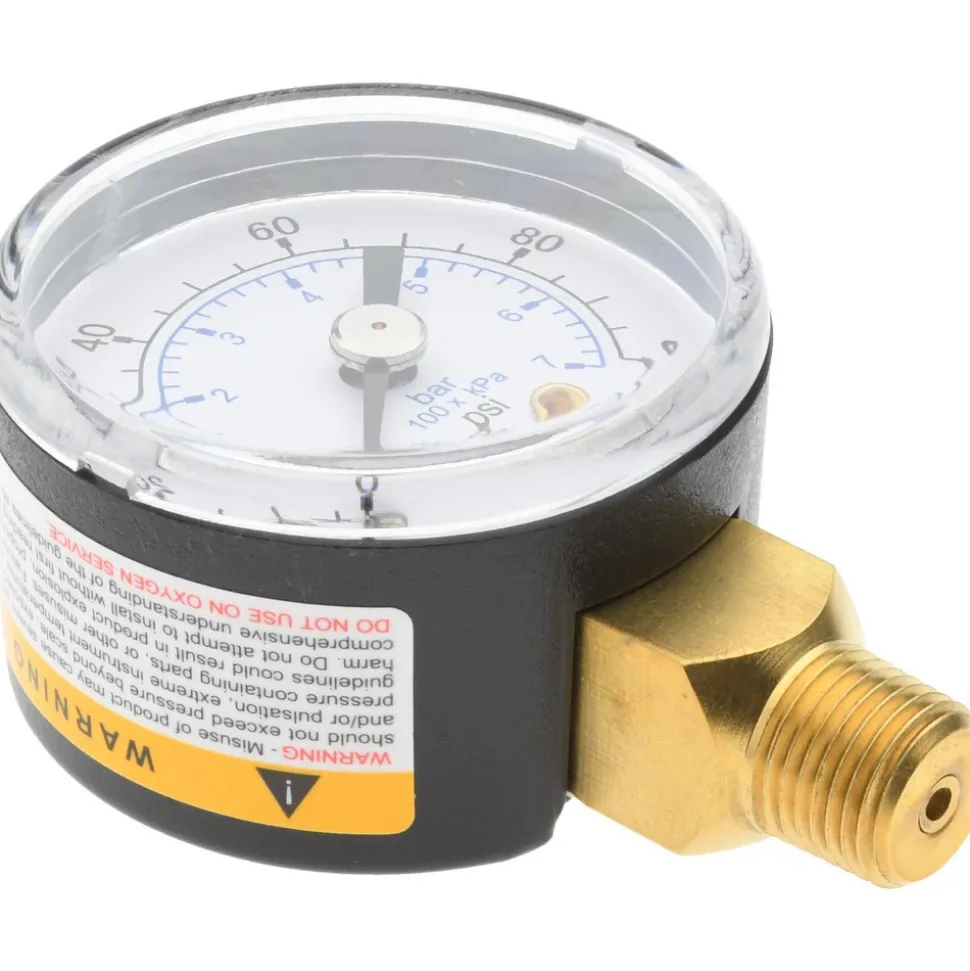 Pressure Gauge: 1-1/2" Dial, 100 psi, 1/8" Thread, NPT, Lower Mount
