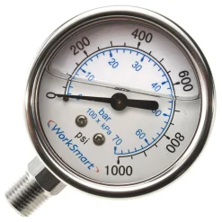 Pressure Gauge: 2-1/2" Dial, 1,000 psi, 1/4" Thread, NPT, Lower Mount