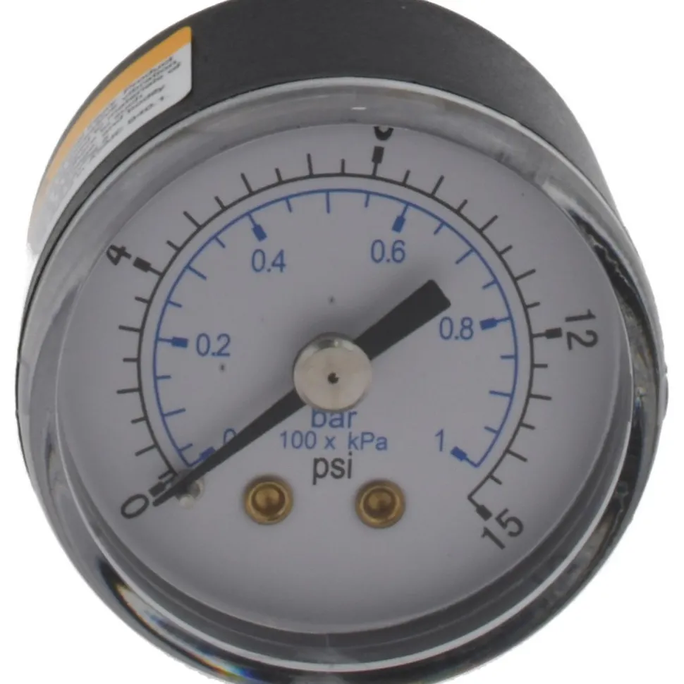 Pressure Gauge: 1-1/2" Dial, 15 psi, 1/8" Thread, NPT, Center Back Mount