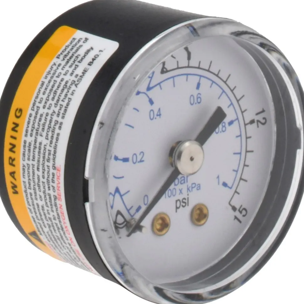 Pressure Gauge: 1-1/2" Dial, 15 psi, 1/8" Thread, NPT, Center Back Mount