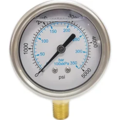 Pressure Gauge: 2-1/2" Dial, 5,000 psi, 1/4" Thread, NPT, Lower Mount