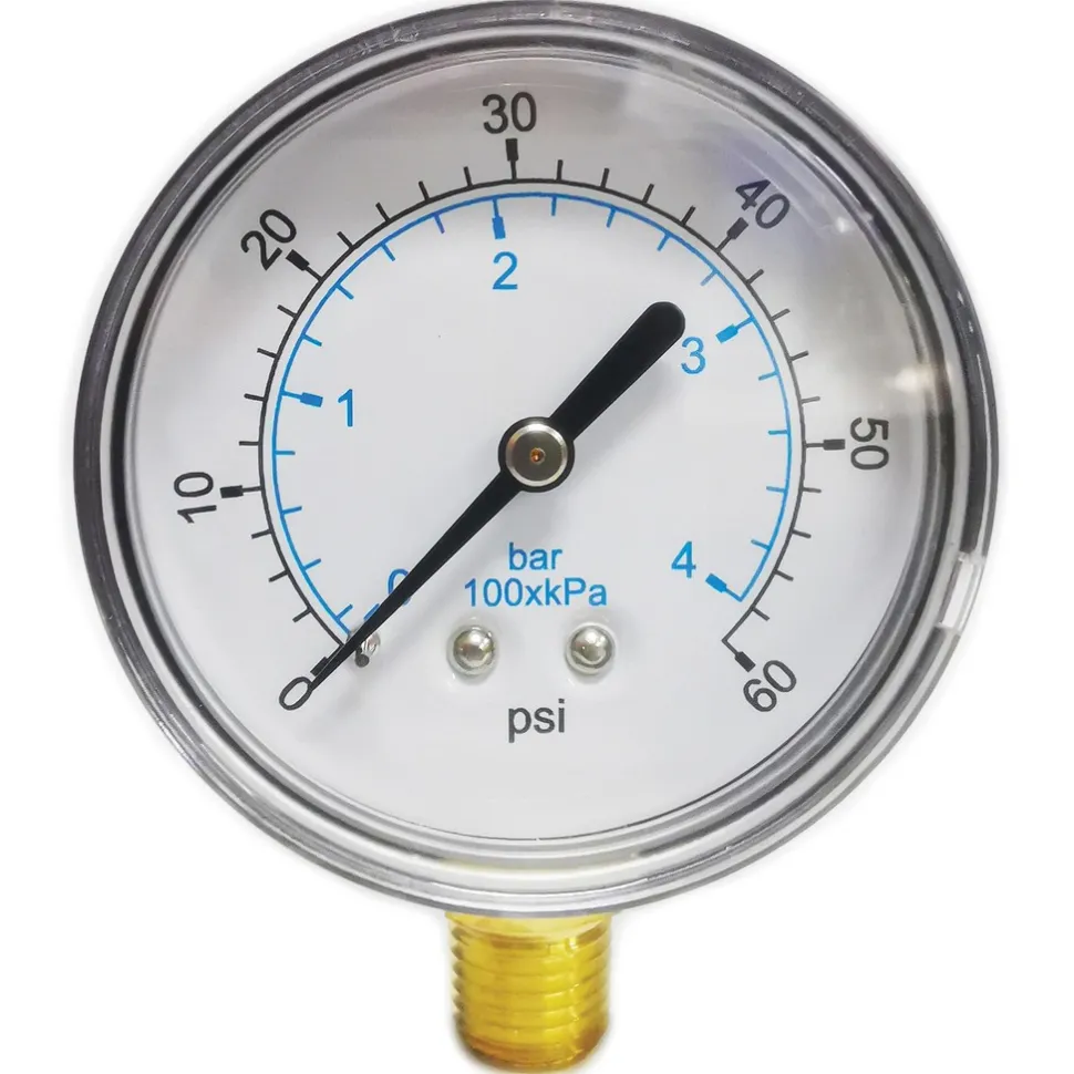 Pressure Gauge: 2-1/2" Dial, 60 psi, 1/4" Thread, NPT, Lower Mount