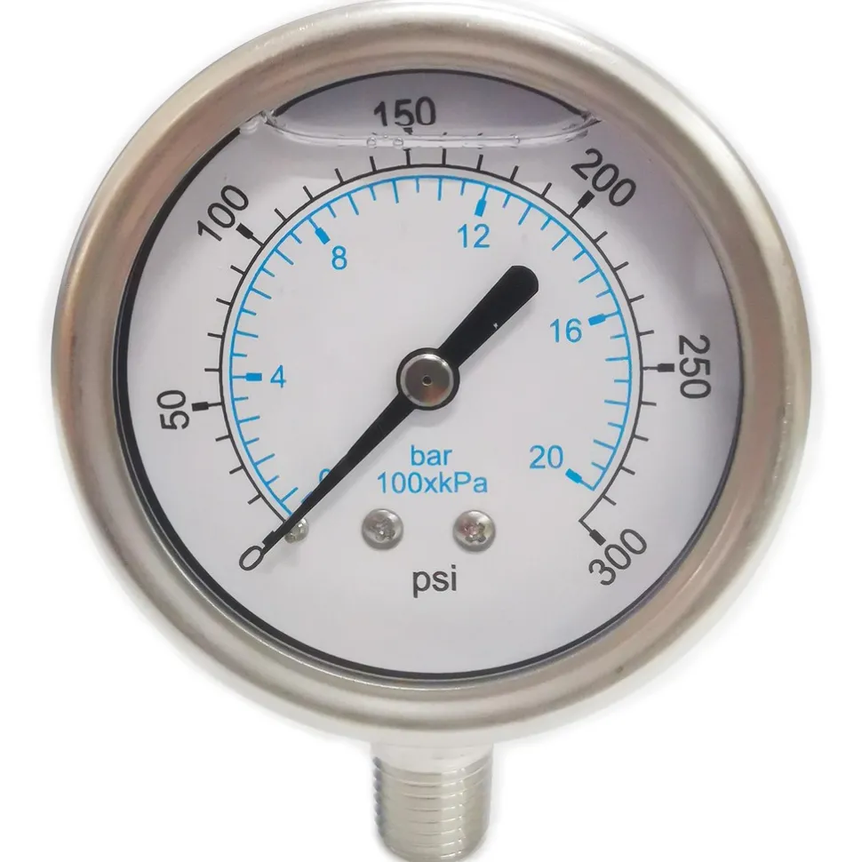 Pressure Gauge: 2-1/2" Dial, 300 psi, 1/4" Thread, NPT, Lower Mount