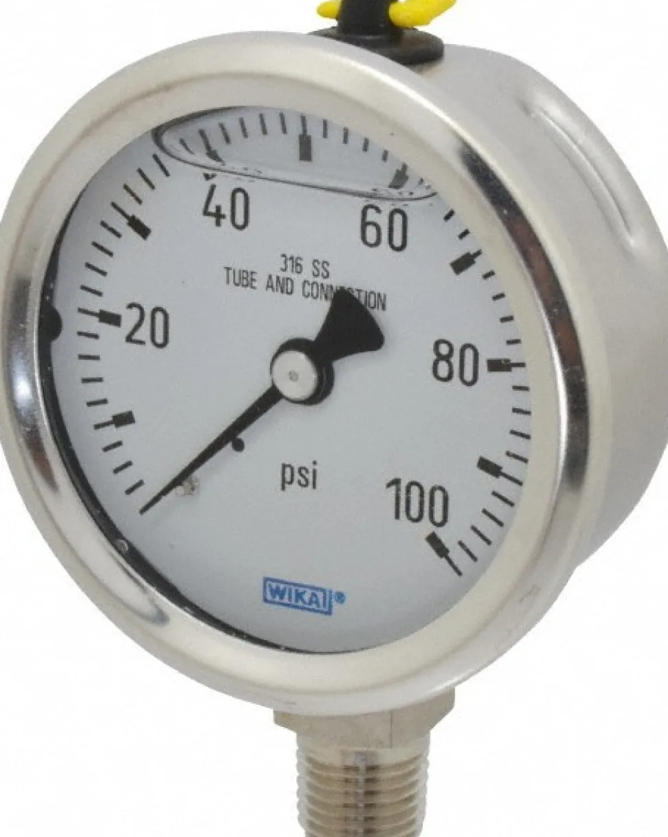 Pressure Gauge: 2-1/2" Dial, 0 to 100 psi, 1/4" Thread, NPT, Lower Mount