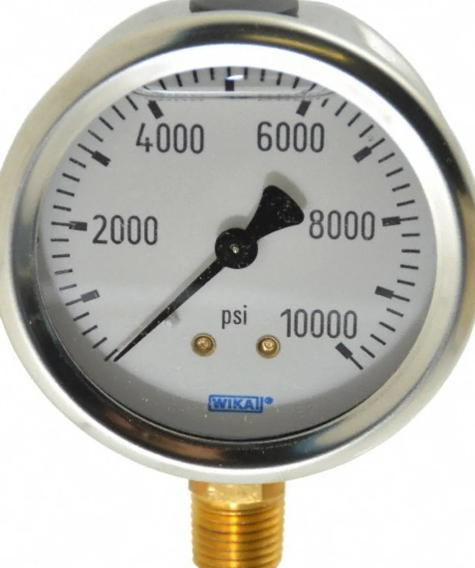 Pressure Gauge: 2-1/2" Dial, 0 to 10,000 psi, 1/4" Thread, NPT, Lower Mount