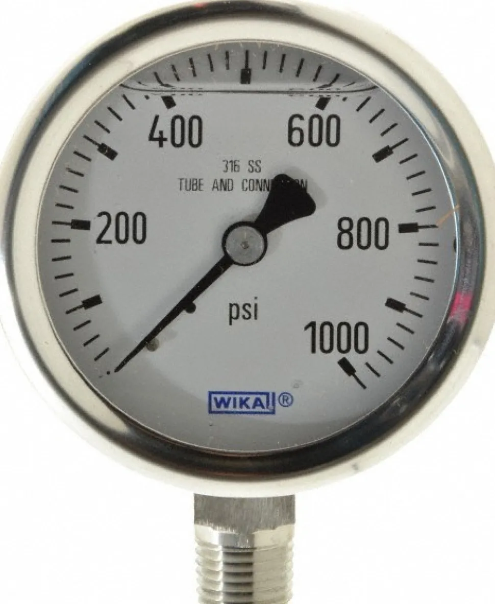 Pressure Gauge: 2-1/2" Dial, 0 to 1,000 psi, 1/4" Thread, NPT, Lower Mount