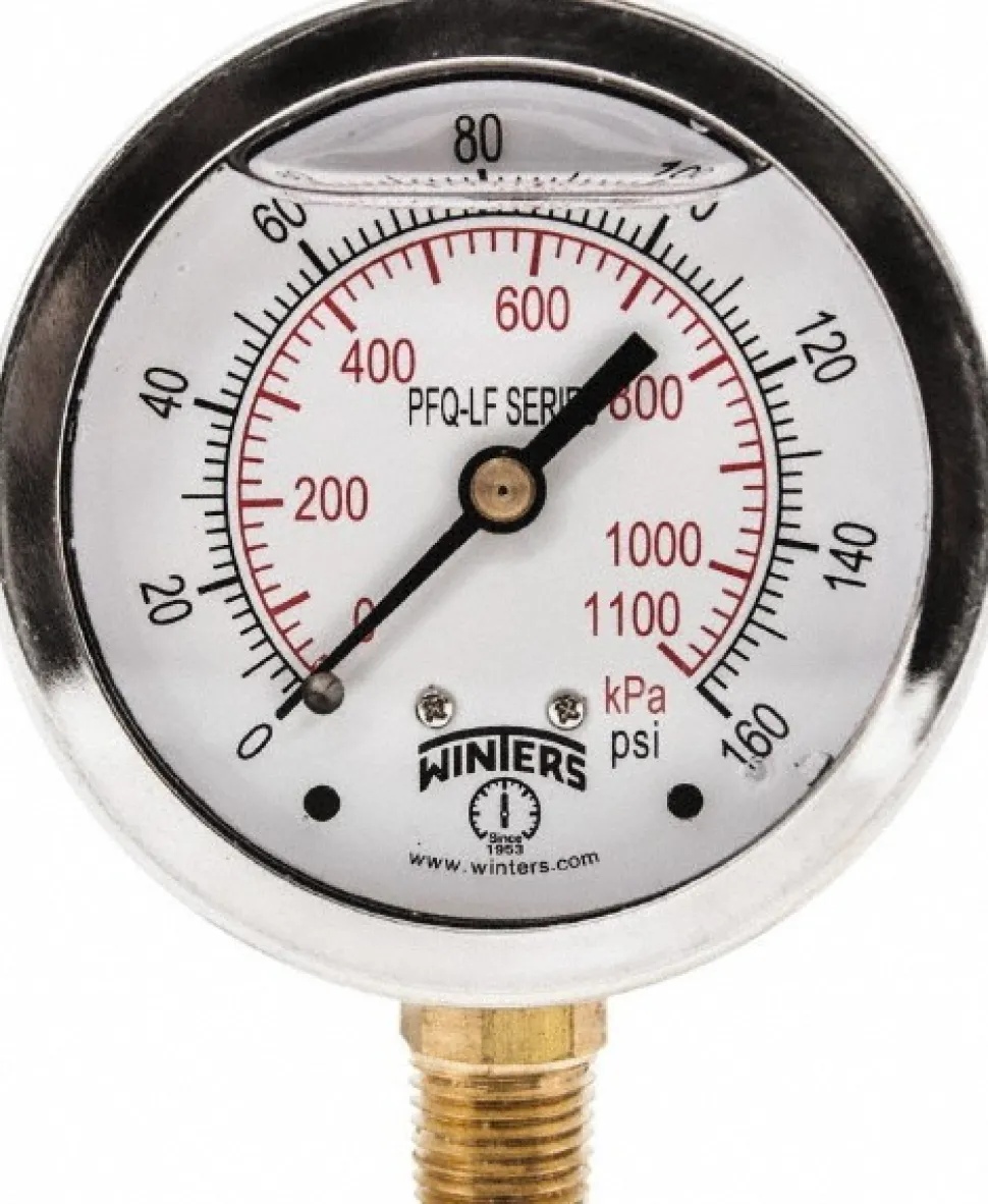 Pressure Gauge: 2-1/2" Dial, 0 to 160 psi, 1/4" Thread, NPT, Lower Mount