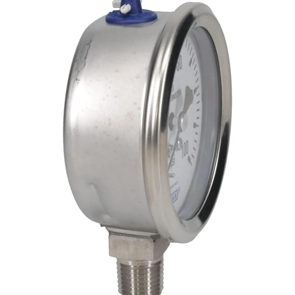 Pressure Gauge: 2-1/2" Dial, 0 to 100 psi, 1/4" Thread, NPT, Lower Mount