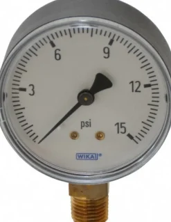 Pressure Gauge: 2-1/2" Dial, 0 to 15 psi, 1/4" Thread, NPT, Lower Mount