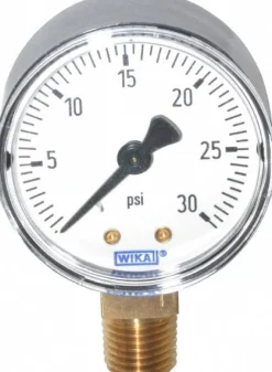 Pressure Gauge: 2" Dial, 0 to 30 psi, 1/4" Thread, NPT, Lower Mount