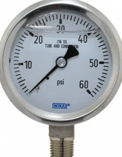 Pressure Gauge: 2-1/2" Dial, 0 to 60 psi, 1/4" Thread, NPT, Lower Mount