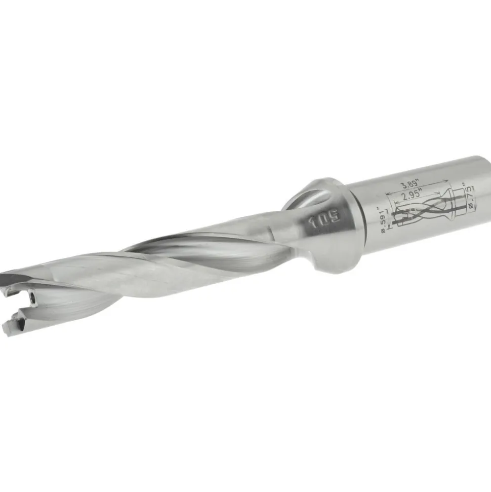 Replaceable-Tip Drill: 0.591 to 0.626" Dia, 2.95" Max Depth, 3/4" Weldon Flat Shank