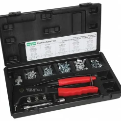 Riveter Kits; Type: Manual Rivet Nut Tool; Minimum Size (mm): #8 in; Minimum Size (Inch): #8; Maximum Size (Inch): 1/4; Material: Steel; Includes: 12 Each M57320, M57330, M57340; Mandrels; Nosepieces; 50 Assorted Ribbed Style Rivet Nuts; M39300 Rivet Nut; 6 Each M57354; Plastic Case