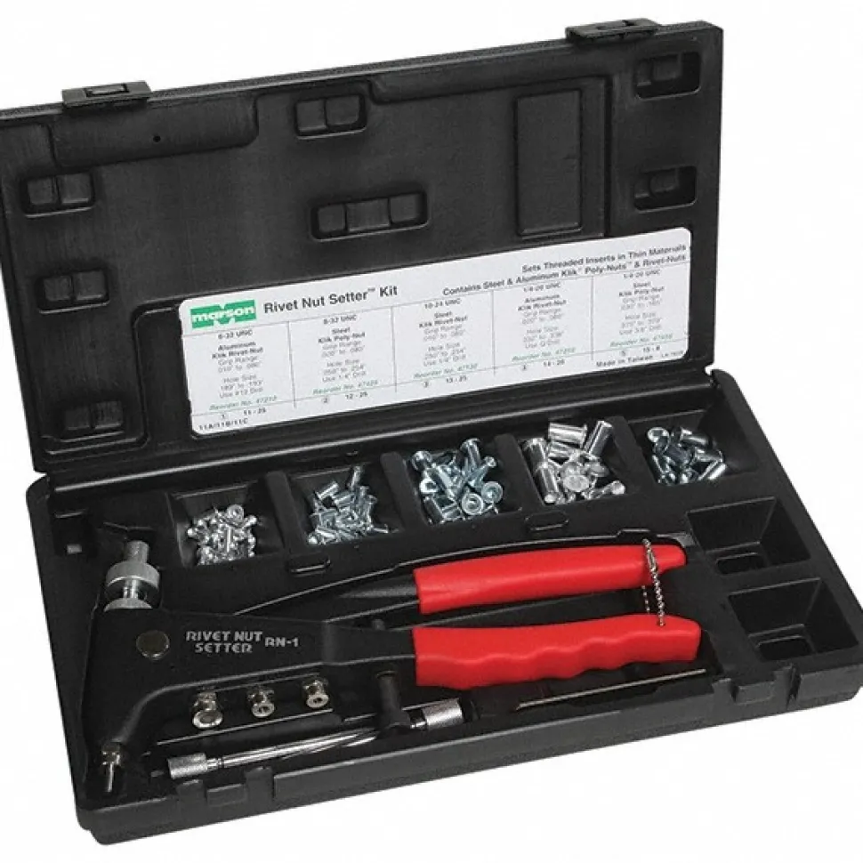 Riveter Kits; Type: Manual Rivet Nut Tool; Minimum Size (mm): #8 in; Minimum Size (Inch): #8; Maximum Size (Inch): 1/4; Material: Steel; Includes: 12 Each M57320, M57330, M57340; Mandrels; Nosepieces; 50 Assorted Ribbed Style Rivet Nuts; M39300 Rivet Nut; 6 Each M57354; Plastic Case
