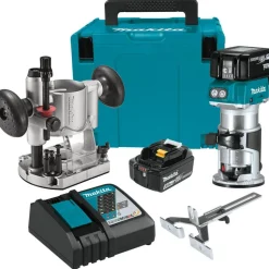 Router Kits; Router Type: Fixed Base; Speed (RPM): 30000; Collet Size (Inch): 1/4; 3/8; Collet Size (mm): 6.35; Collet Size: 6.35 mm; 1/4;3/8 in; Includes: (2) 18V LXT Lithium-Ion Batteries;(2) Spanner Wrenches;1/4" Collet;3/8" Collet;Carrying Case;Charger;Plunge Base;Straight Guide;Work Light