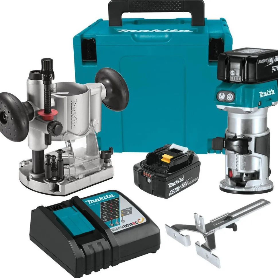 Router Kits; Router Type: Fixed Base; Speed (RPM): 30000; Collet Size (Inch): 1/4; 3/8; Collet Size (mm): 6.35; Collet Size: 6.35 mm; 1/4;3/8 in; Includes: (2) 18V LXT Lithium-Ion Batteries;(2) Spanner Wrenches;1/4" Collet;3/8" Collet;Carrying Case;Charger;Plunge Base;Straight Guide;Work Light