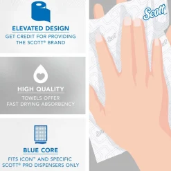 Scott Essential High Capacity Hard Roll Paper Towels with Absorbency Pockets (02001), For Use with Scott Essential Dispenser, Unperforated, White