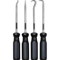 Scribe & Probe Sets; Type: Hook & Pick Scriber Set; Number of Pieces: 4; Overall Length: 5-1/16 in; Includes: Screw Driver Handles; Number Of Pieces: 4; Contents: Straight Pick; Hook Pick; 90 Degree Pick; Combination Pick; Overall Length: 5-1/16; 5-1/16 in; Overall Length (Inch): 5-1/16; 5-1/16 in